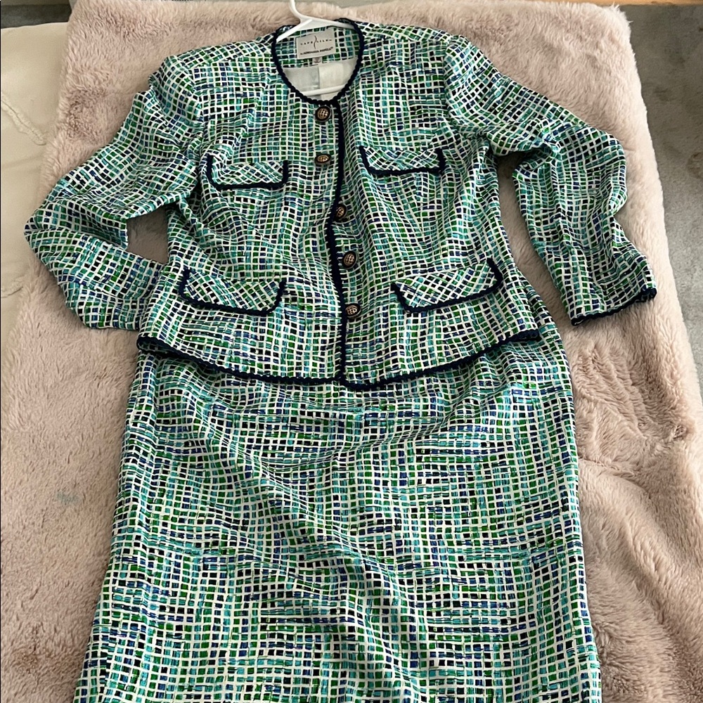 Adrianna Papell Blue Green Tweed Skirt Suit